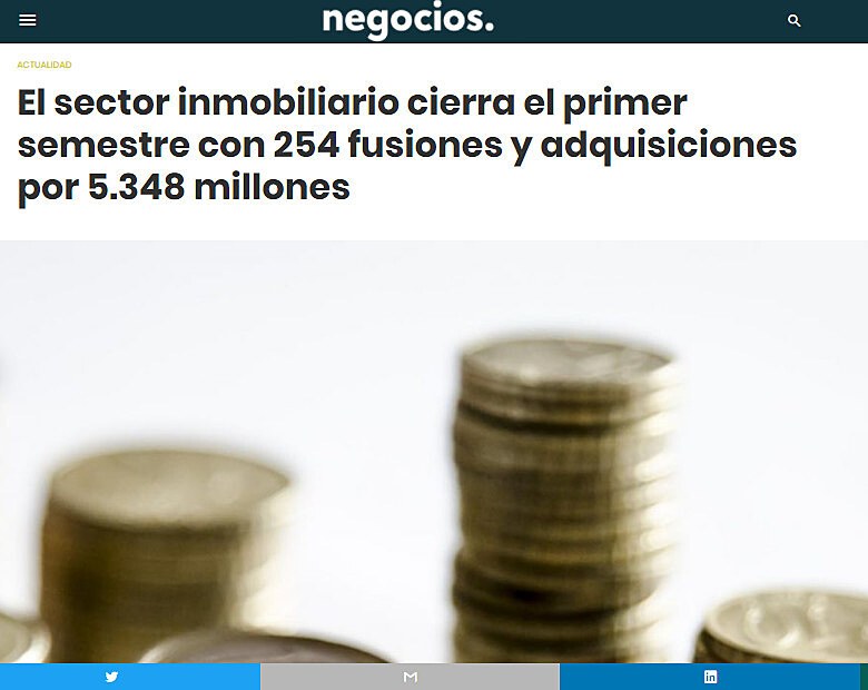 El sector inmobiliario cierra el primer semestre con 254 fusiones y adquisiciones por 5.348 millones